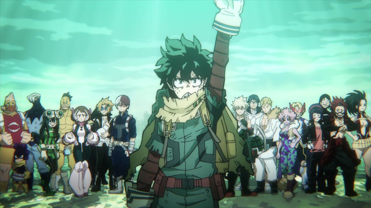 Izuku “Deku” Midoriya standing with his fist raised in front of his U.A. High School classmates under a clear sky in the opening credits for My Hero Academia season 6.