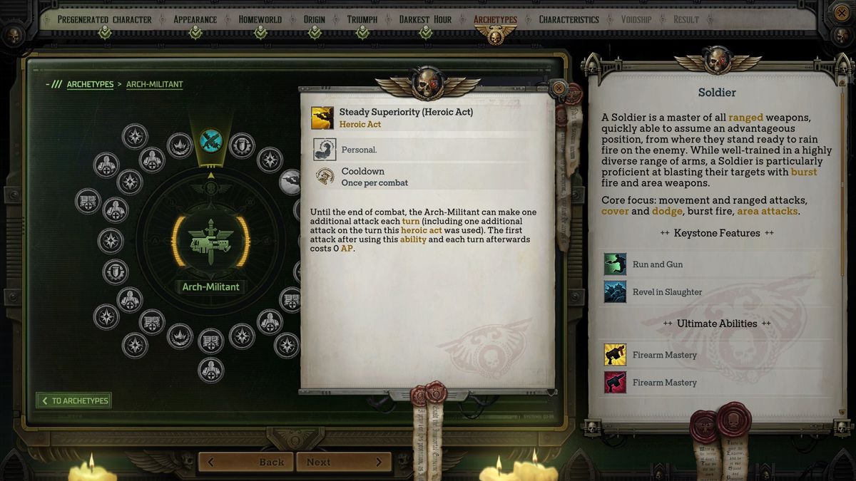 A menu shows the tier 2 archetypes available in Warhammer 40K Rogue Trader.