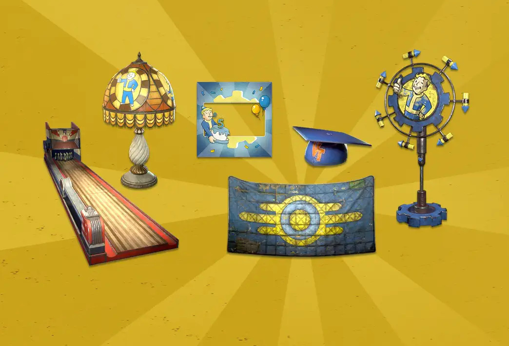 A stock image of the in-game items included in the Fallout 76 Birthday Bundle