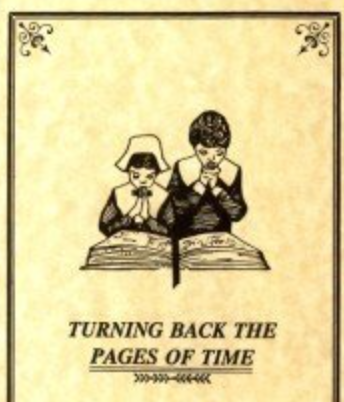 Cover page of "Turning back the pages of time: An American history library book list" by Kathy Keller. It shows two children reading through a big book. 