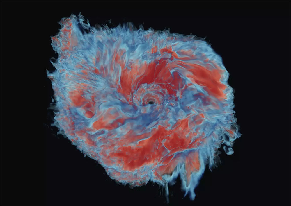 Numerical simulation of the resulting ejecta material of two merging neutron stars. Red colors refer to ejected material with a high fraction of neutrons which will appear typically redder than blue material that contains a higher fraction of protons.