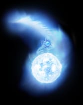 انطباع فني عن نظام الأشعة السينية الثنائي IGR J17252-3616، والذي يتكون من نجم نيوتروني ونجم أزرق عملاق