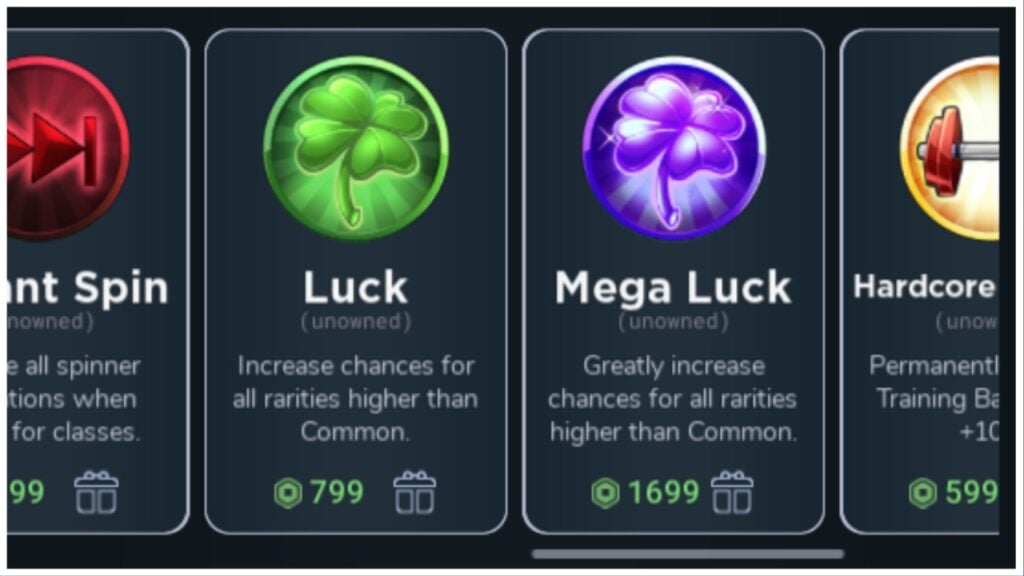 the feature image which shows the two robux items which boost luck in game. One is a green four leaf clover and one is the same icon but purple to show it is even more rare!