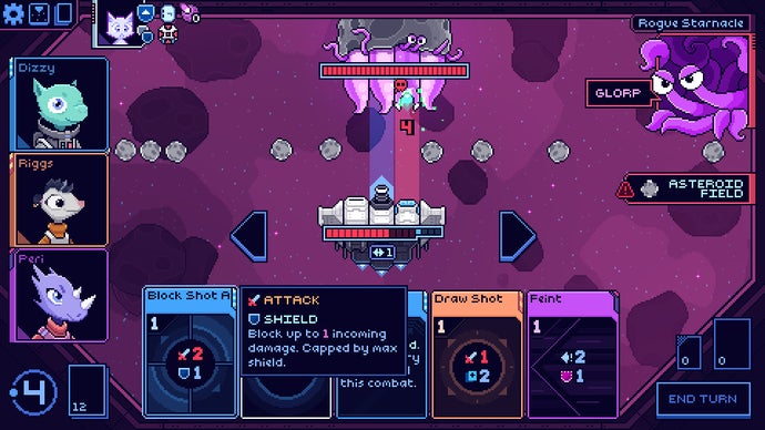 A screenshot from Cobalt Core. Two pixelated spaceships face each other, locked in battle. Below them is a row of cards which are the player's powers. To the left of the screen are a line of characters' faces.
