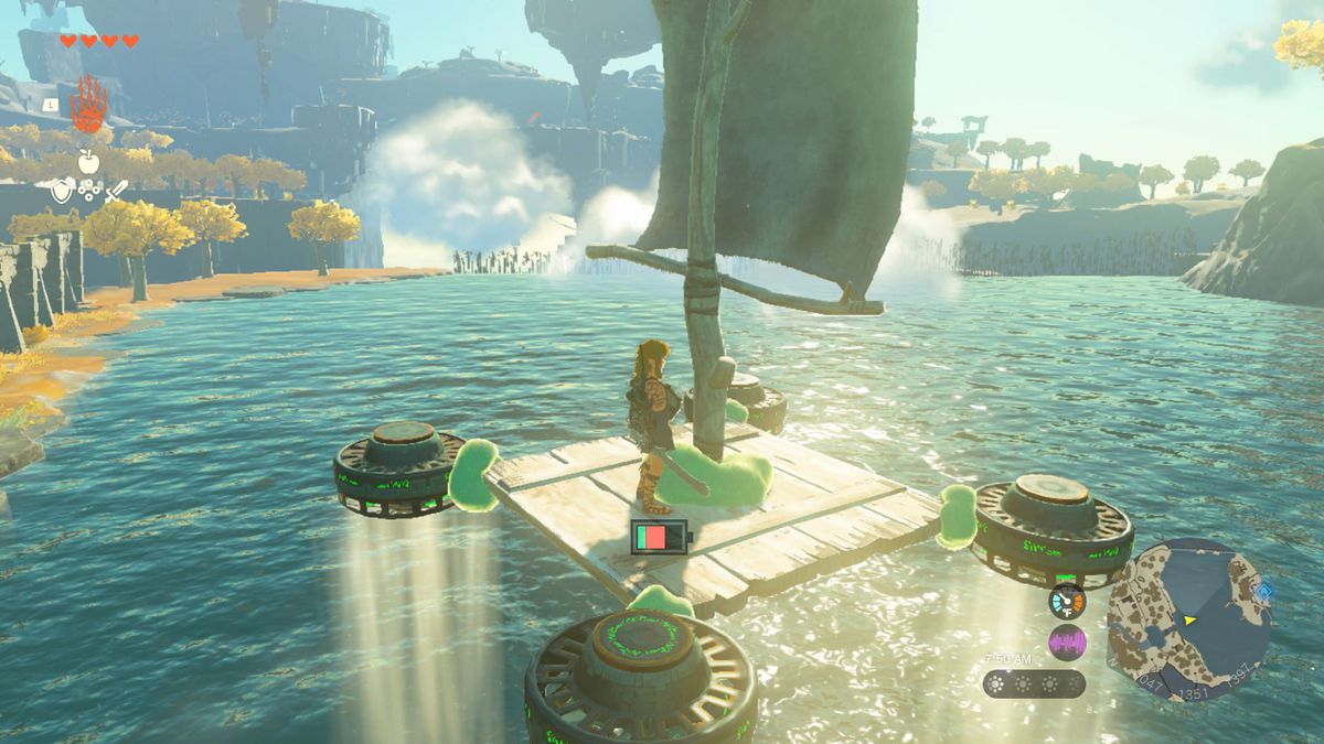an image of link riding a boat turned into a hover craft in the legend of zelda tears of the kingdom