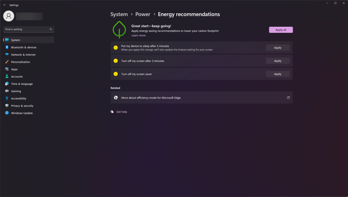 Windows 11-funksjon - Energianbefalinger
