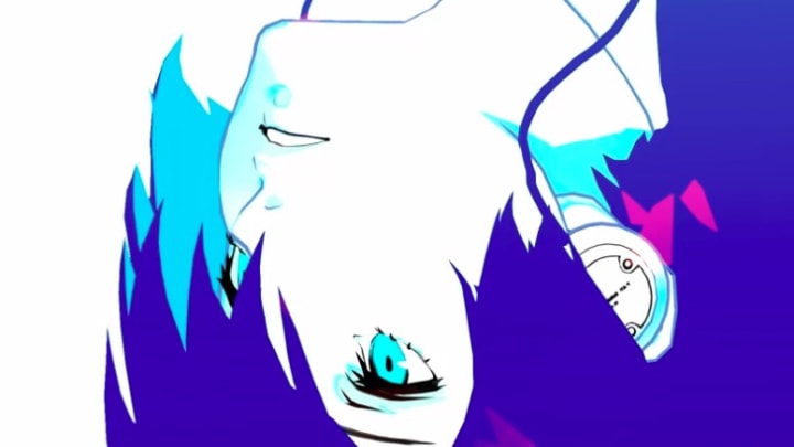 аніме Дівчина з фіолетовим волоссям і блакитними очима догори ногами