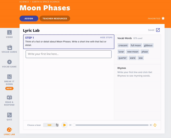 Moon Phases Lyric Lab activity