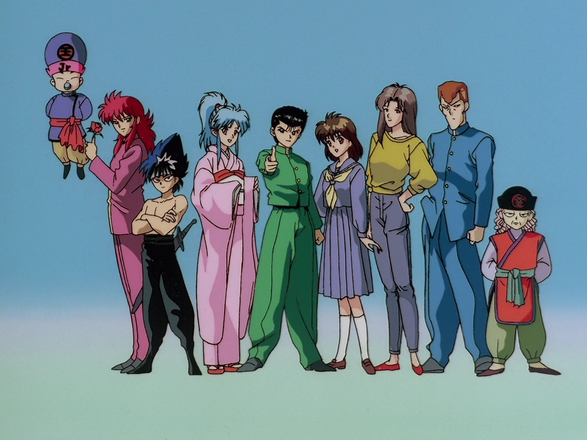 משמאל: Koenma, Kurama, Hiei, Botan, Yusuke Urameshi, Keiko, Shizuru, Kuwabara, Kazuma Kuwabara, and Genkai מ-1992 Yu Yu Hakusho.