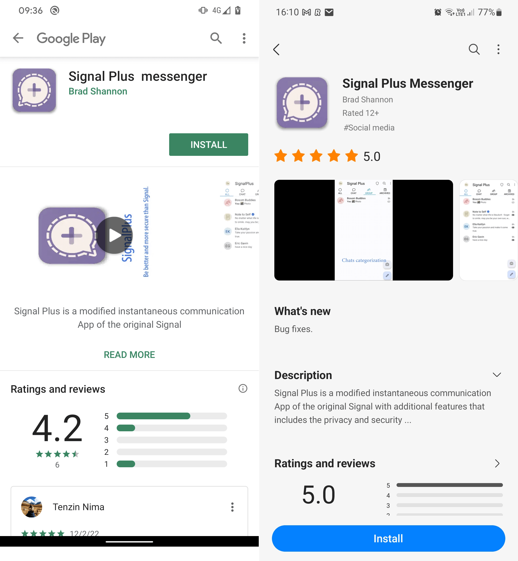 Figur 2. Den ondsindede Signal Plus Messenger-app, når den er tilgængelig på Google Play (venstre) og Samsung Galaxy Store (højre)