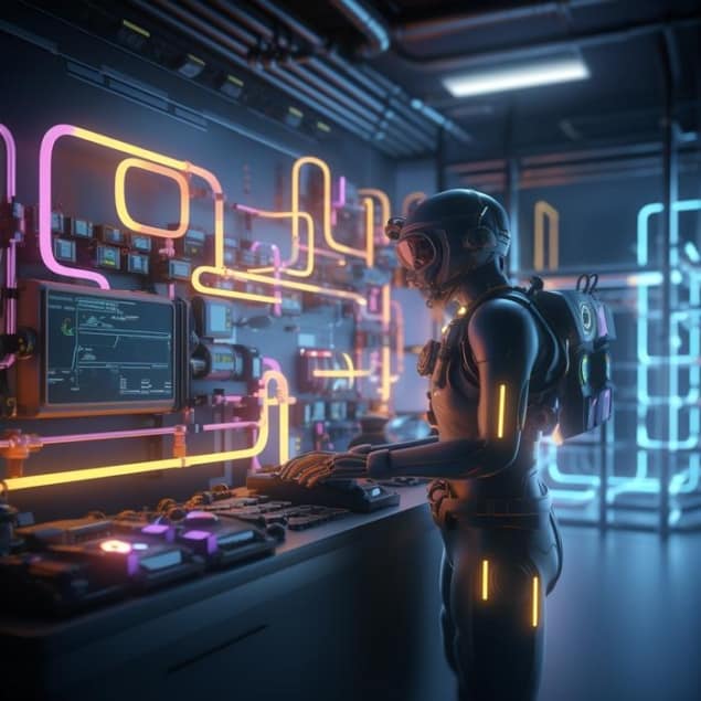 Artist's image showing a humanoid robot standing at a laboratory bench and manipulating pipework lit up by pink and yellow light