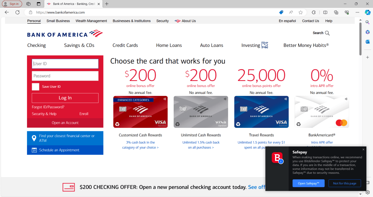 Bitdefender Safepay som svar på et besøg på Bank of America's websted