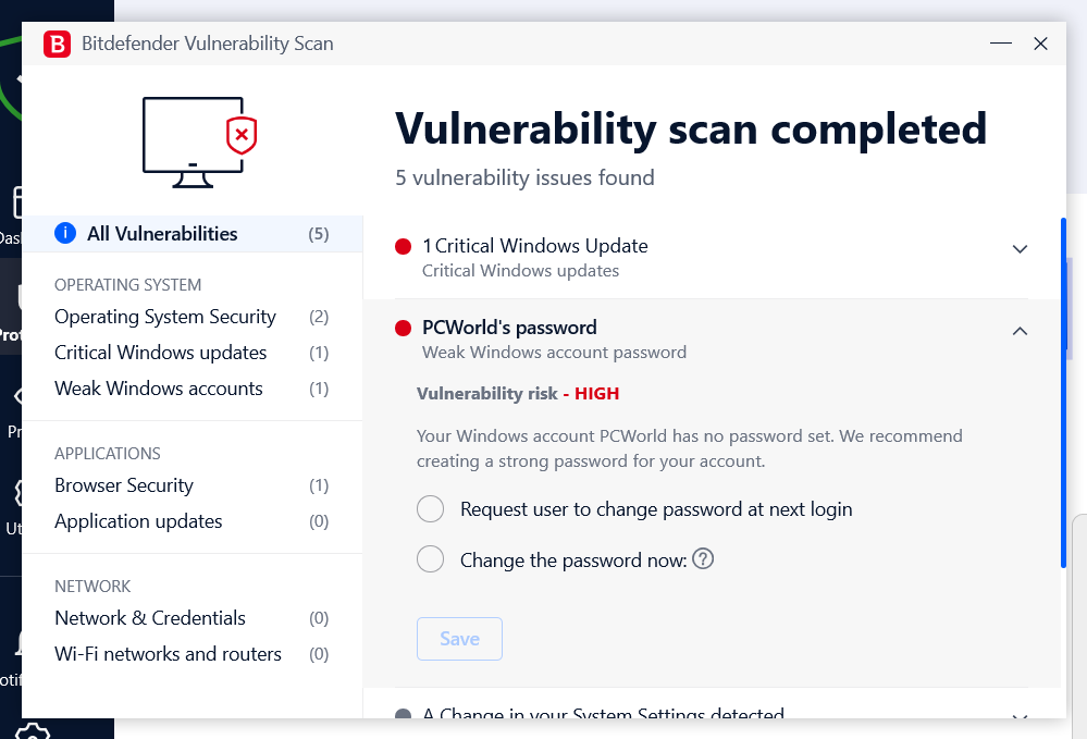 Rezultatele scanării vulnerabilităților Bitdefender