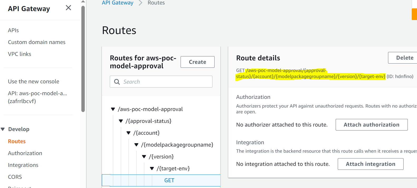 API Gateway route details