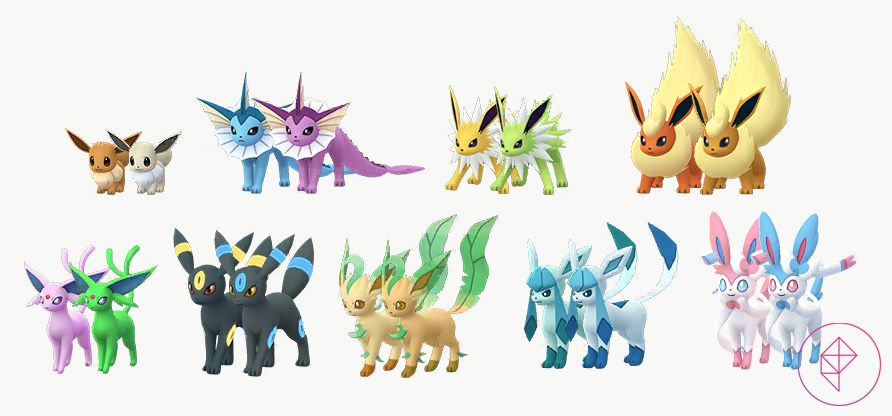 A comparison between Shiny Eevee and its evolutions to its normal forms. Shiny Eevee is silver, Shiny Vaporeon is purple, Shiny Jolteon is green, Shiny Flareon is brown, Shiny Espeon is neon green, Shiny Umbreon has blue accents, Shiny Leafeon is darker, Shiny Glaceon is lighter, and Shiny Sylveon is blue.