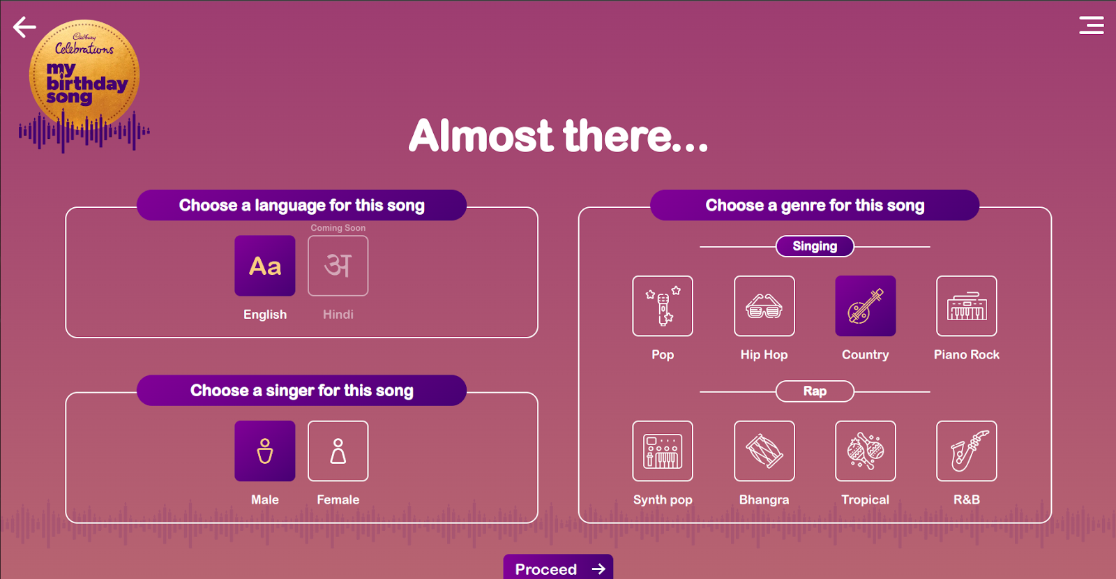 Choose the language, voice, and song genre preferences.