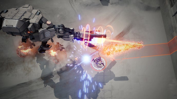 Zrzut ekranu z gry Wakerunners przedstawiający graczy walczących z gigantycznym mechem z perspektywy góry