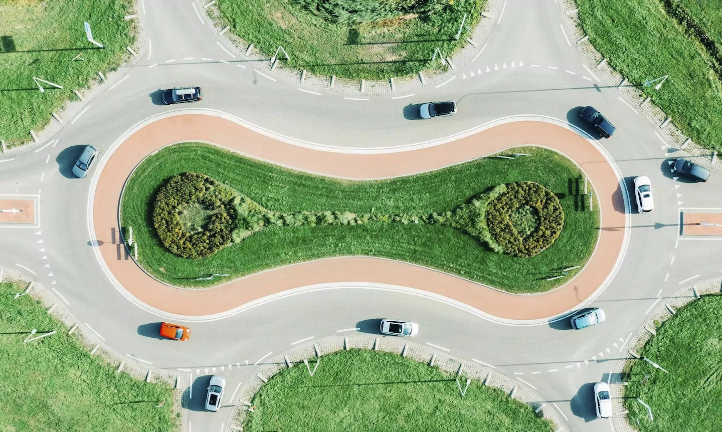 Aerial view of vehicles on a roundabout