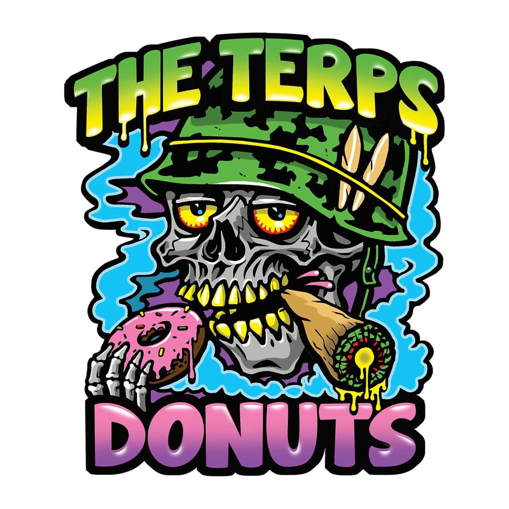 O logotipo do Terps Donuts com caveira com capacete, donut e um baseado