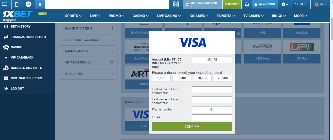 1Xbet India Visa deposit 1