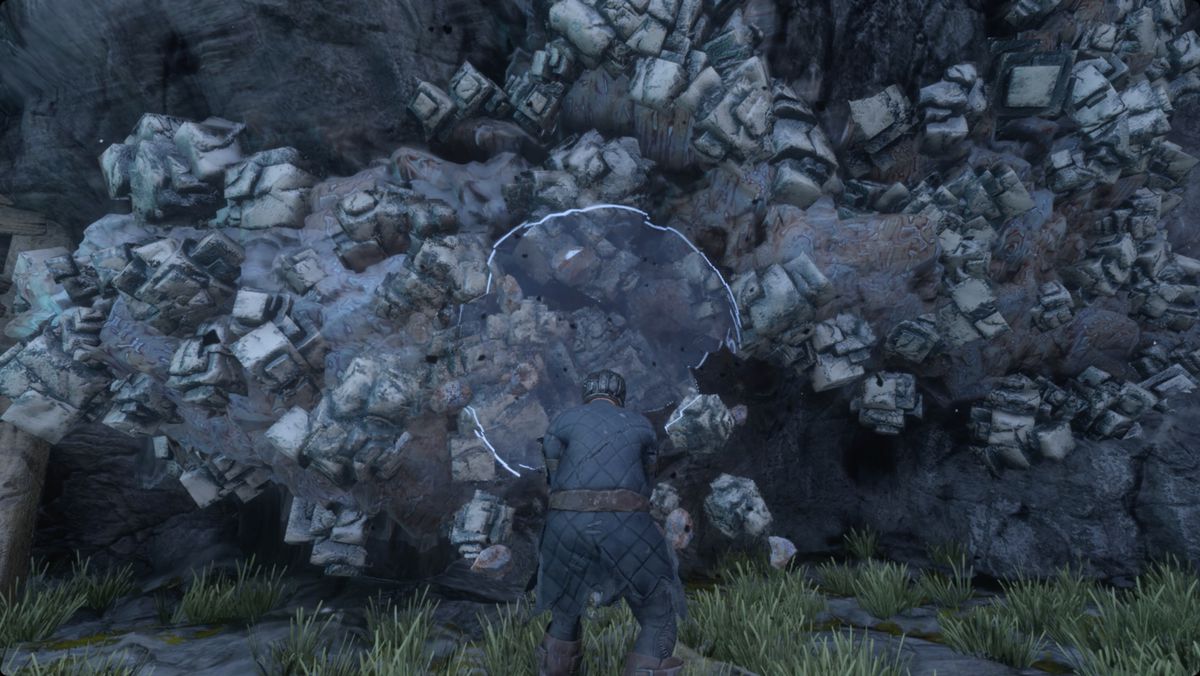 Enshrouded character mining a salt deposit
