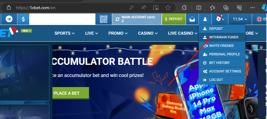 Withdraw Funds tab in 1xBet