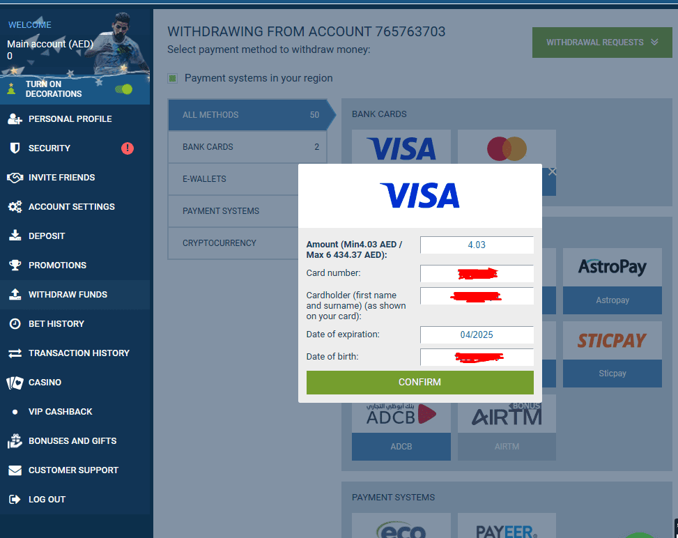 Visa card details on 1xBet