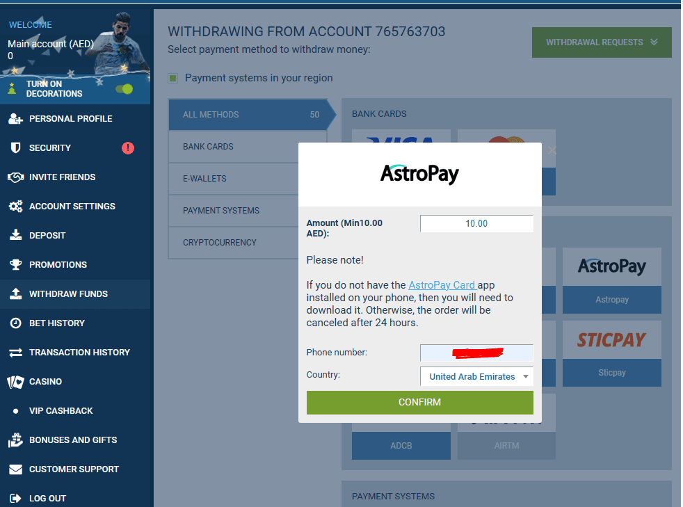 withdrawing funds on 1xBet through AstroPay