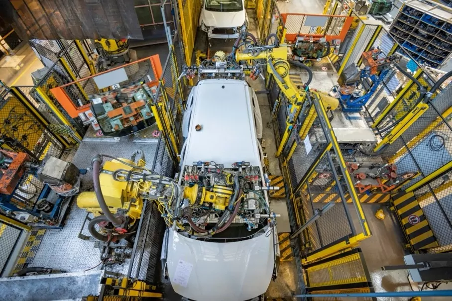 Aerial view of robotic car manufacturing