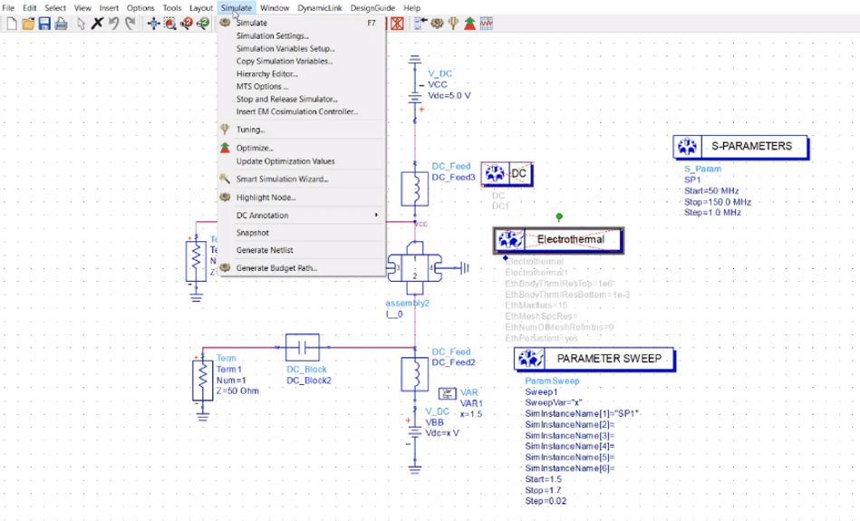 Fig. 4: Keysight's Design Cloud interface with an API to Rescale, demonstrating an RF circuit simulation setup for S-parameter analysis and parameter sweeps, optimized for turnkey cloud EDA solutions. Source: Keysight