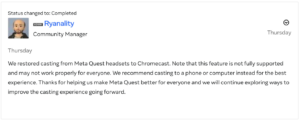 Meta Restores Quest TV Casting Feature After Complaints