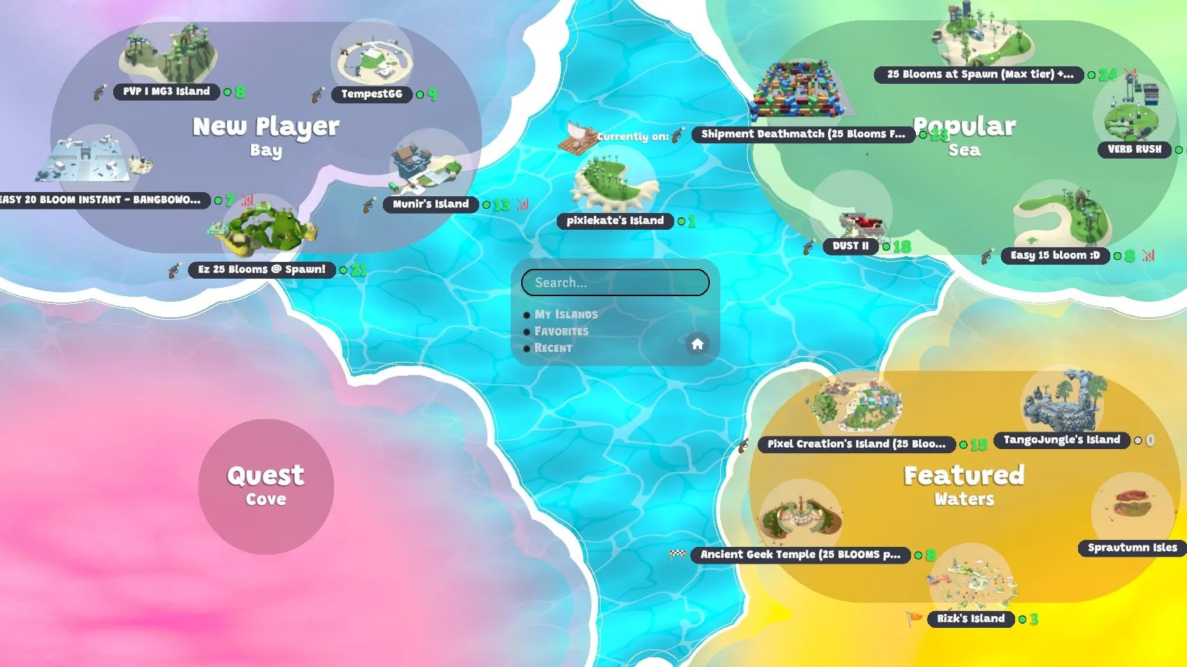 गेम स्क्रीनशॉट में लोकप्रिय द्वीपों, "विशेष रुप से प्रदर्शित" द्वीप और नए खिलाड़ियों के लिए तैयार द्वीपों के साथ एक मानचित्र दिखाया गया है।