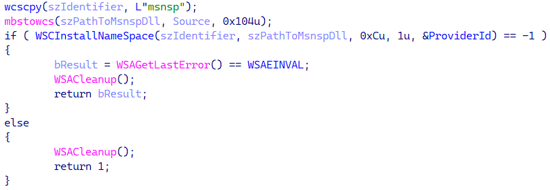 14. ábra: Kód, amely egy rosszindulatú Winsock névtér-szolgáltatót telepít