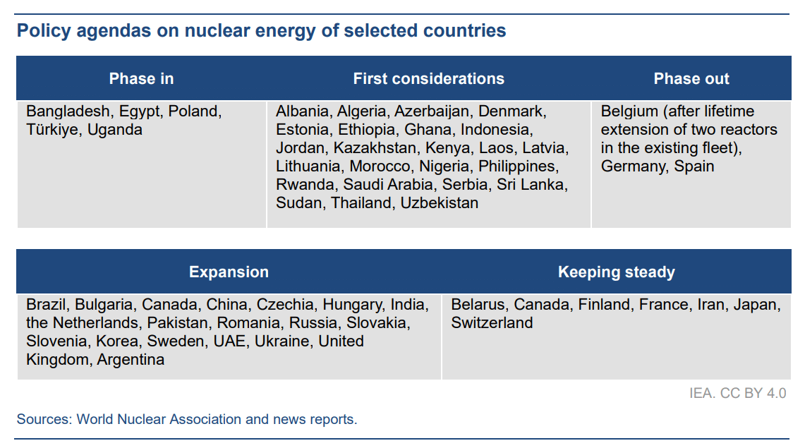 politiske dagsordener for atomenergi i udvalgte lande