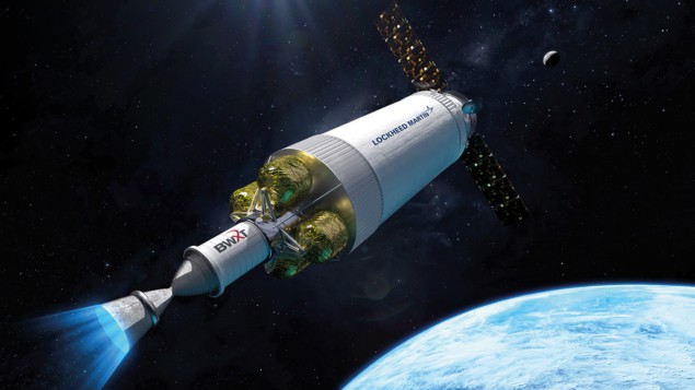 A depiction of the DRACO nuclear-powered rocket heading into space