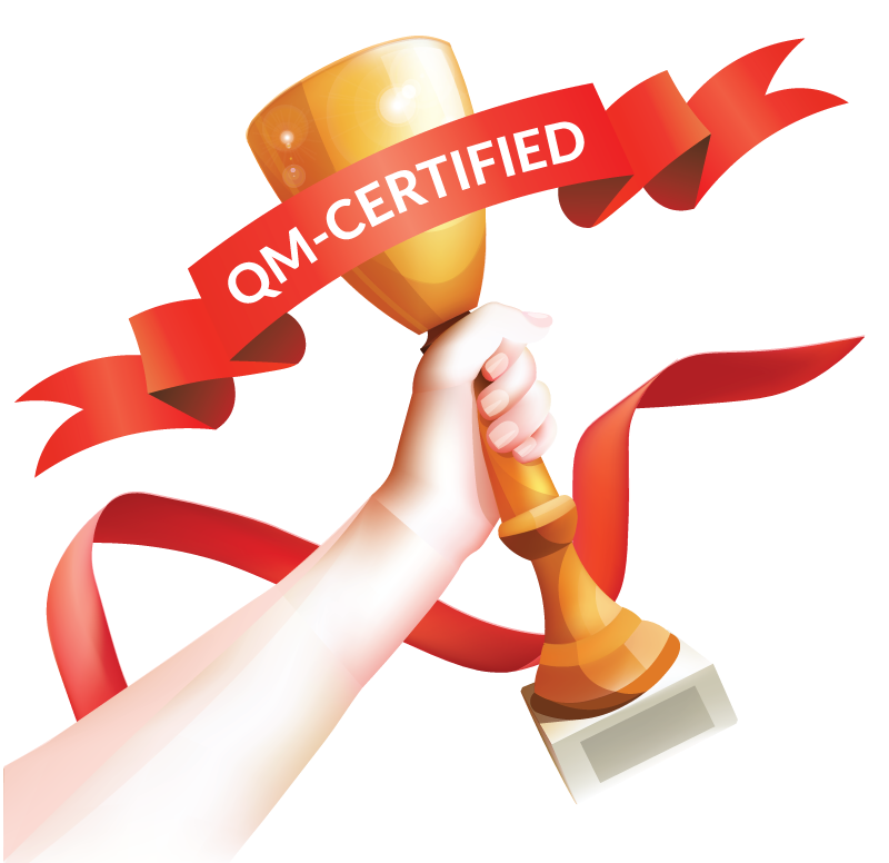 трофей с красной лентой с надписью QM Certified