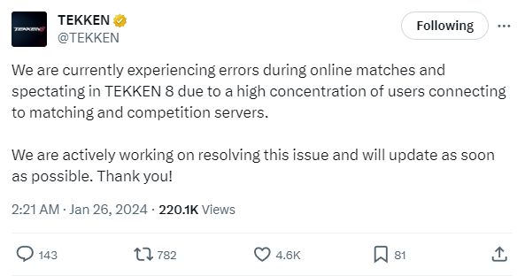 A screenshot of a tweet from @TEKKEN on X regarding the Tekken 8 launch day online issues.