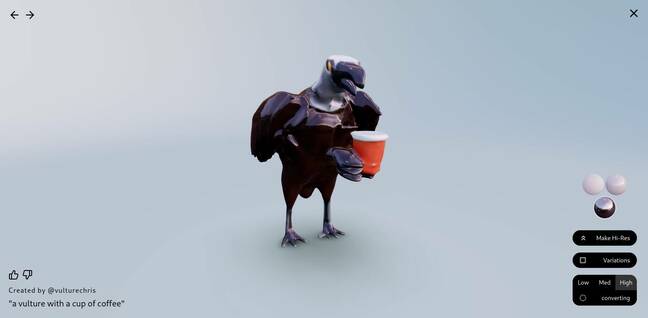 Capture d'écran du Génie de Luma créant un vautour tenant une tasse de café