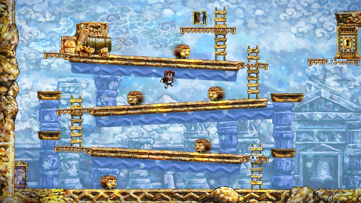 A beautiful painted blue image from a Braid level that is mimicking Donkey Kong, barrell-holding ape and all.