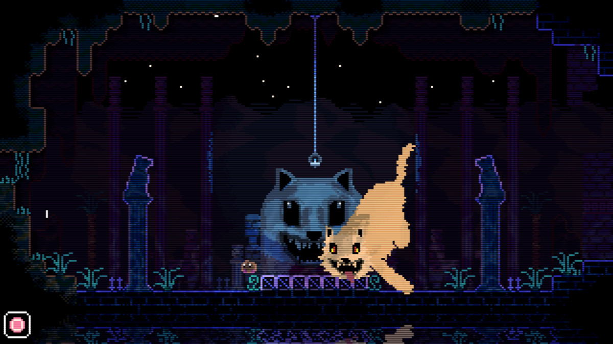 Animal Well oyunundan, haritada hayalet bir kedinin göründüğü pikselli bir ekran görüntüsü.