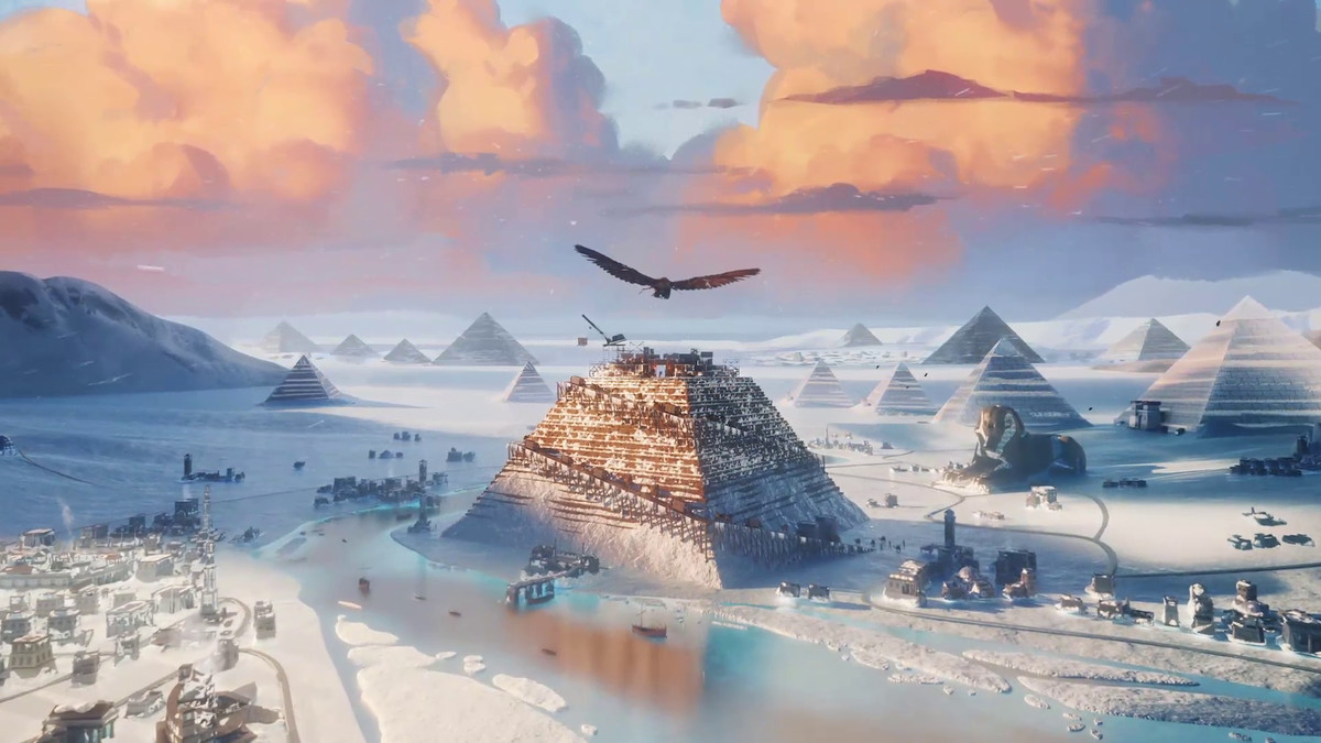 seekor elang terbang menuju piramida yang sedang dibangun di Ara: History Untold