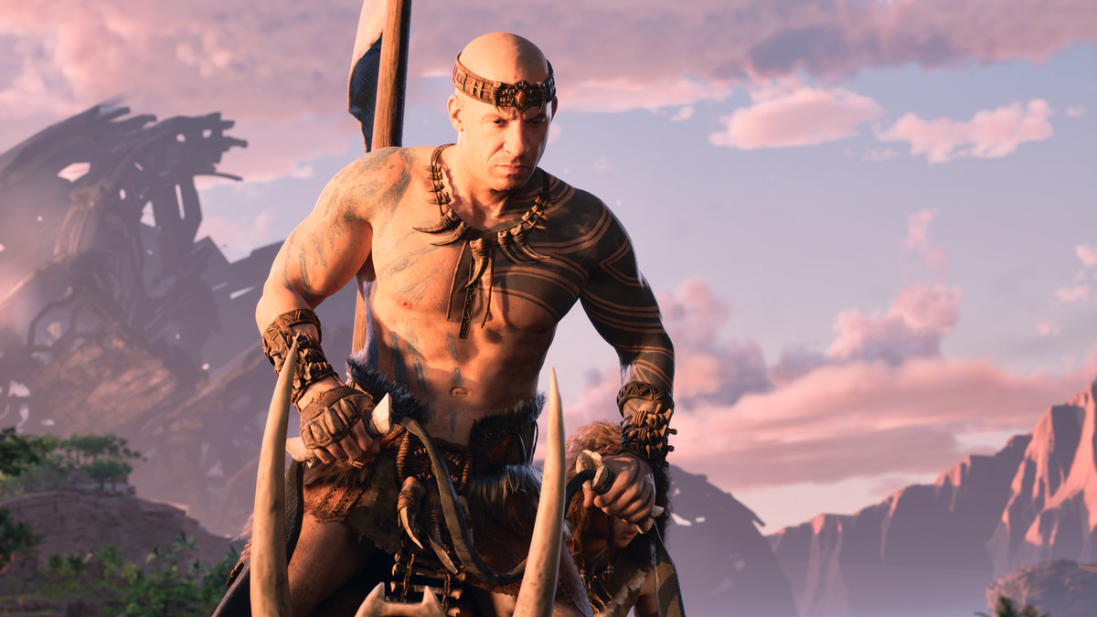 A shirtless, animated Vin Diesel rides a horned creature in Ark 2