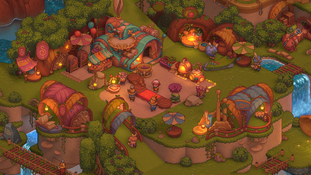 Un groupe de yordles se rassemble autour d'une table au milieu de leur confortable village dans une image de Bandle Tale : A League of Legends Story.