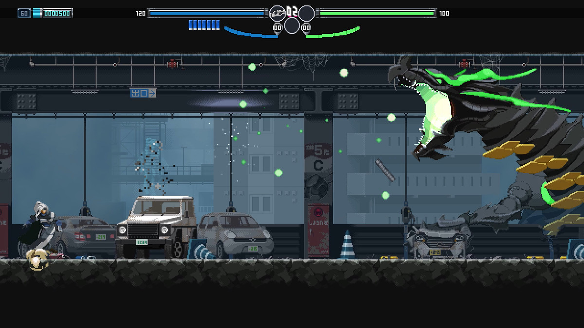 Een afbeelding uit het 2D-actiespel Blade Chimera, waarin de witharige hoofdpersoon op een parkeerplaats vecht tegen een gigantische draak