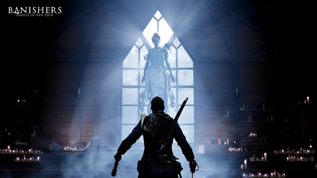 Un homme portant des armes se tient devant un fantôme parlant et illuminé tandis que des bougies l'entourent dans Banishers : Ghosts of New Eden.