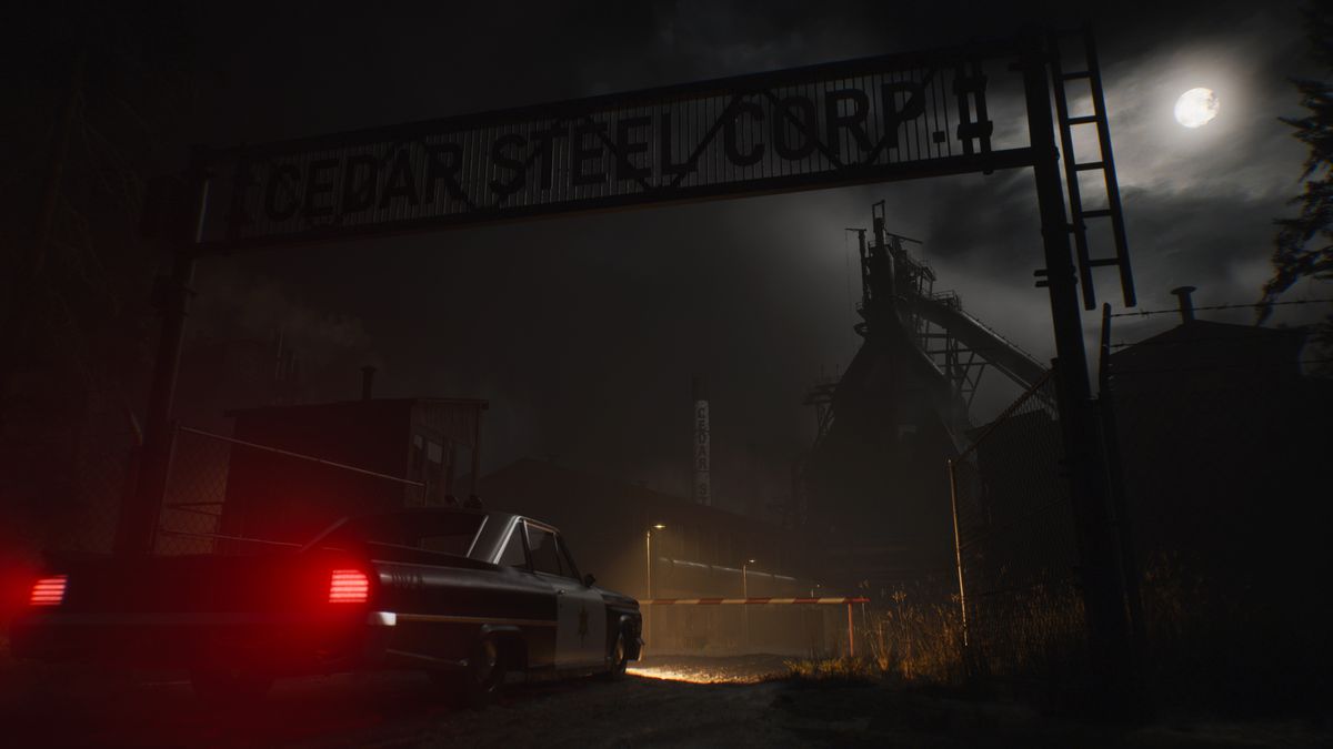 Ένα αυτοκίνητο ρελαντί μπροστά από μια πινακίδα για την Cedar Steel Corp. σε μια εικόνα από το The Casting of Frank Stone