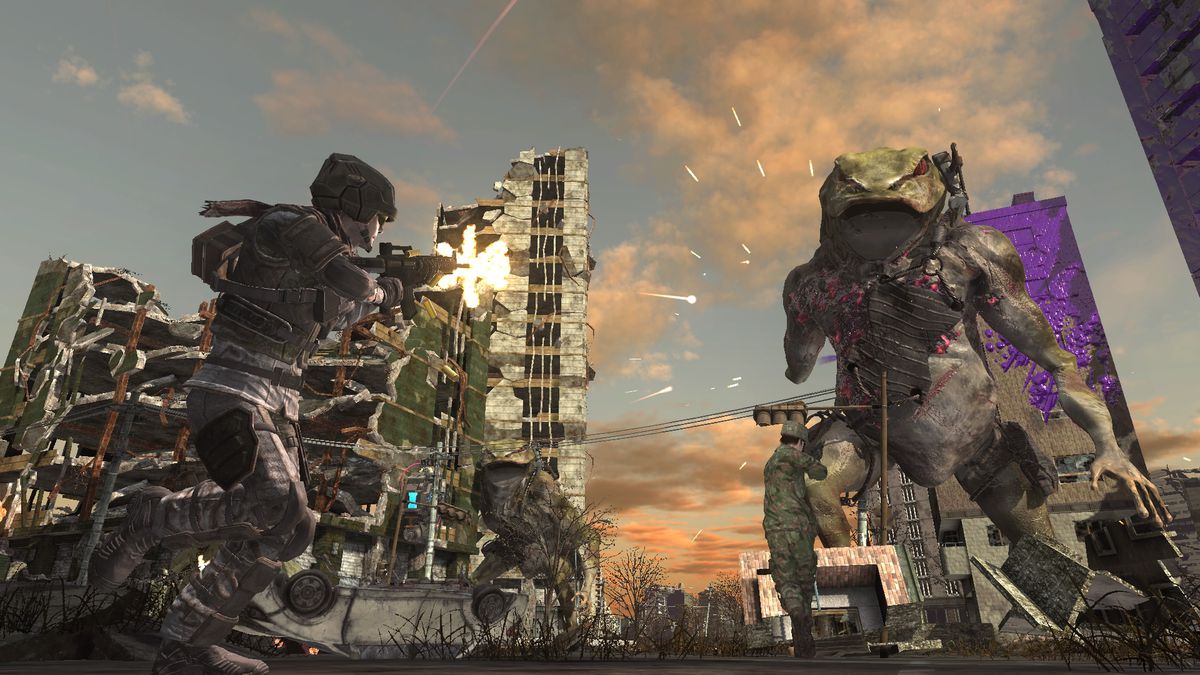 In Earth Defense Force 6 schießen Menschen mit Maschinengewehren auf einen riesigen Gecko-Kaiju