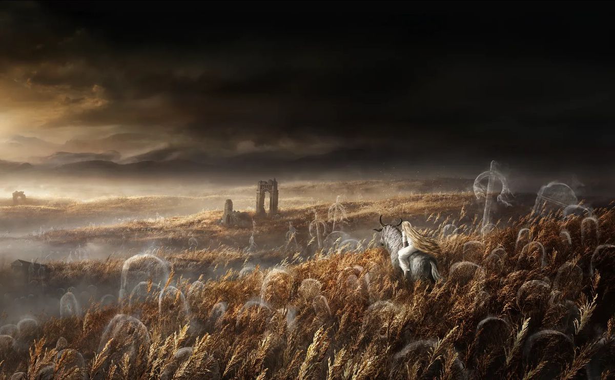 A dying Erdtree looms over a misty, ghostly landscape. In the foreground, a person with long blond hair rides a horned beast across the fields