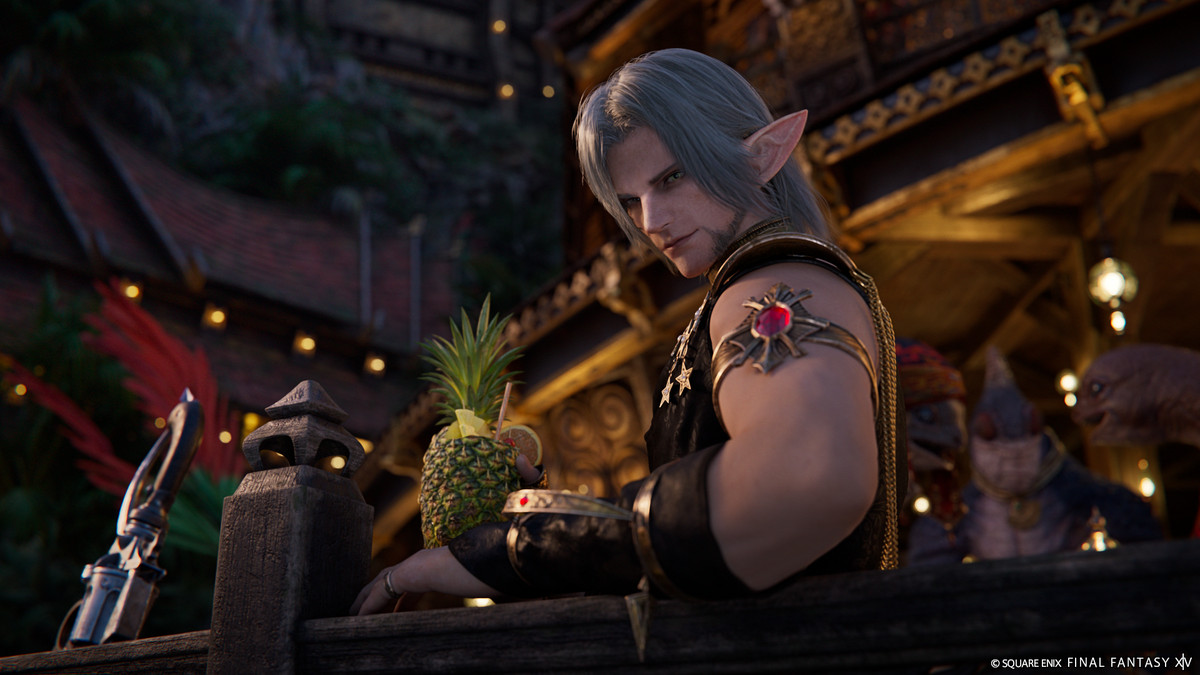 A ripped elf appears to dine on a pineapple in Final Fantasy 14: Dawntrail