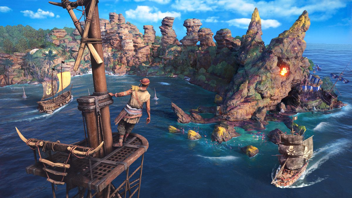 A pirate scouts from atop his very tall ship as mountains, other ships, and explosions appear in the distance in Skull &amp; Bones